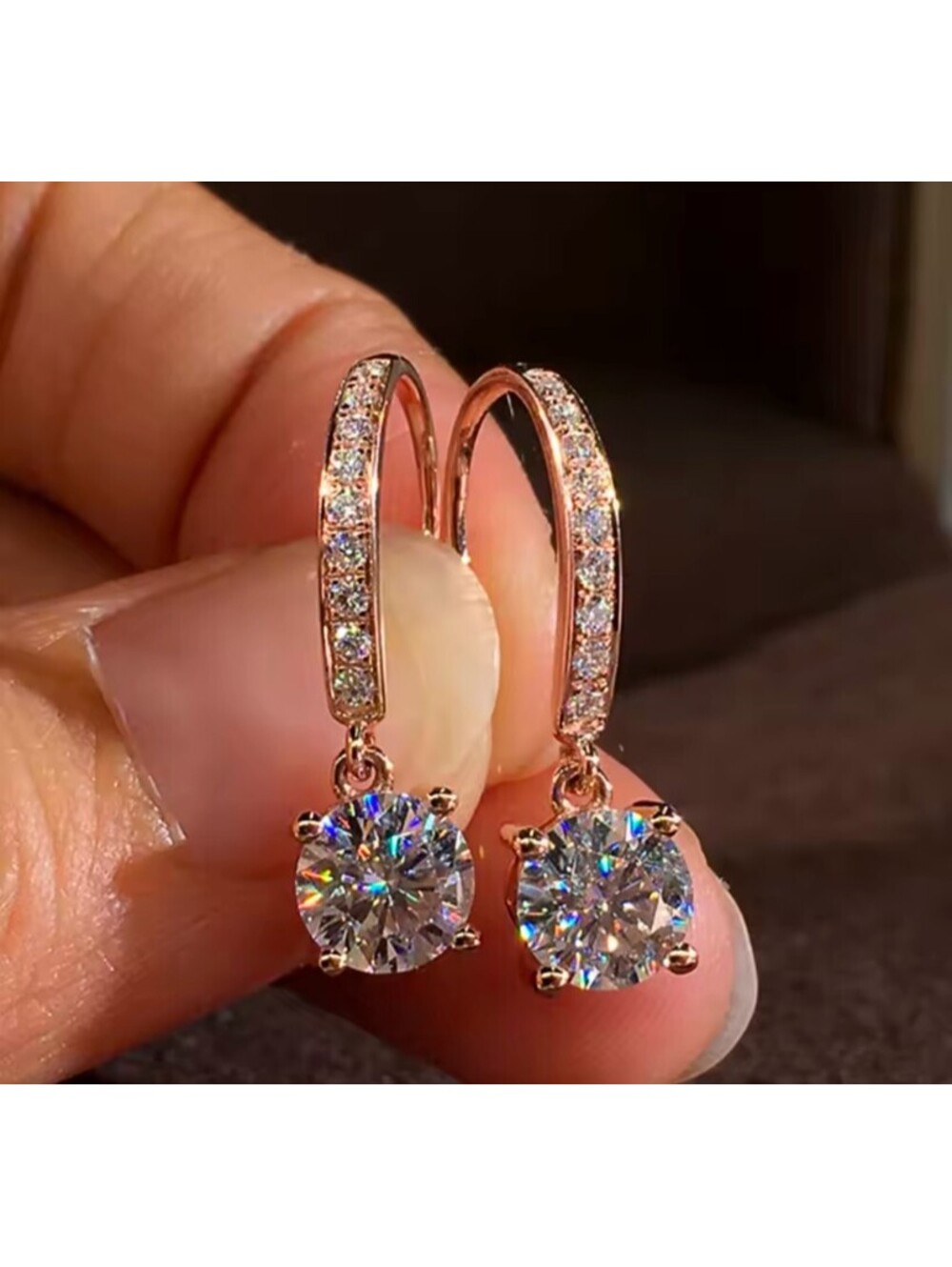 Women dangle/drop earrings, 2ct moissanite simulated , rose gold color